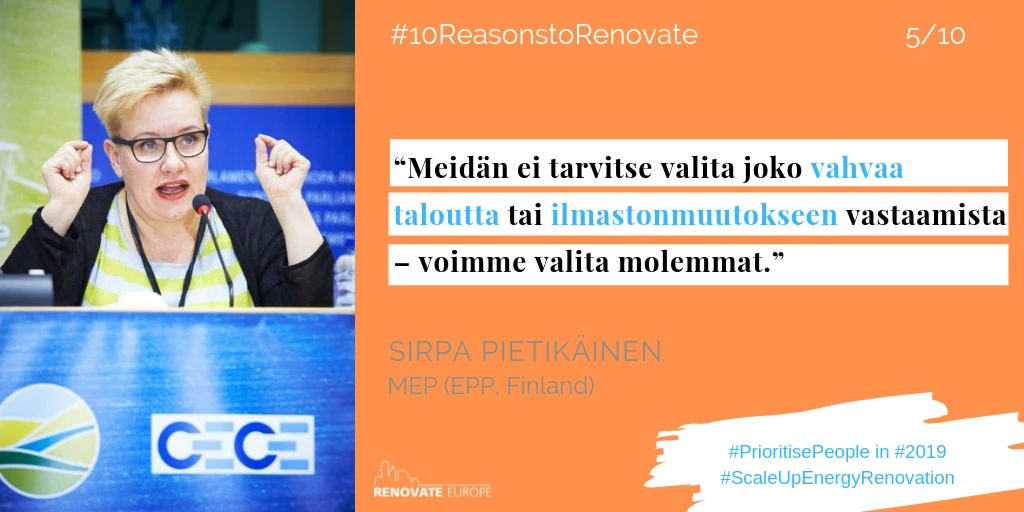Sirpa Pietikäinen, MEP (EPP, Finland), reason 5: “Because we don’t have to choose between a strong economy and tackling climate change: we can have both.” (in Finnish)