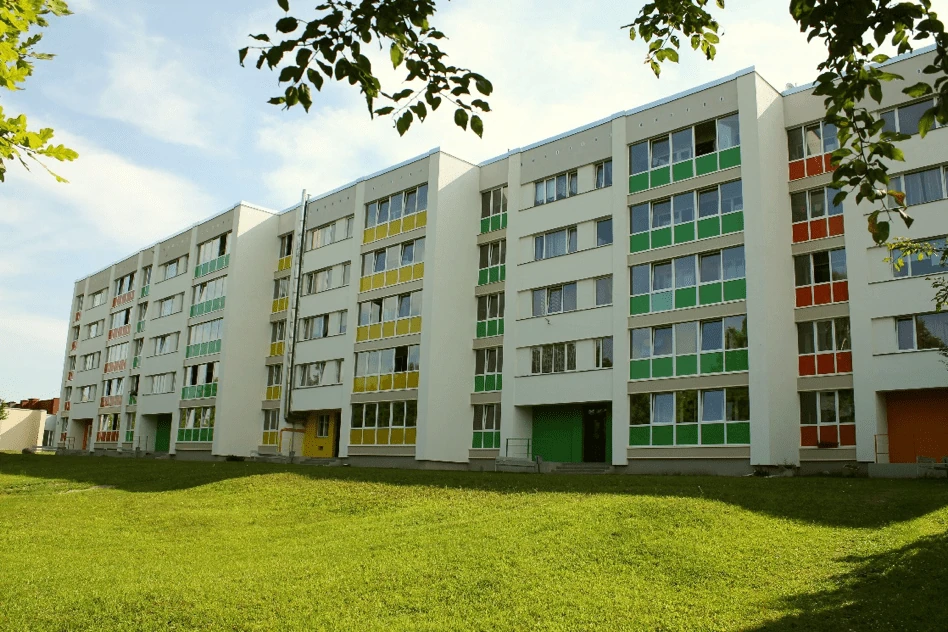 A renovated five-storey apartment block in Latvia