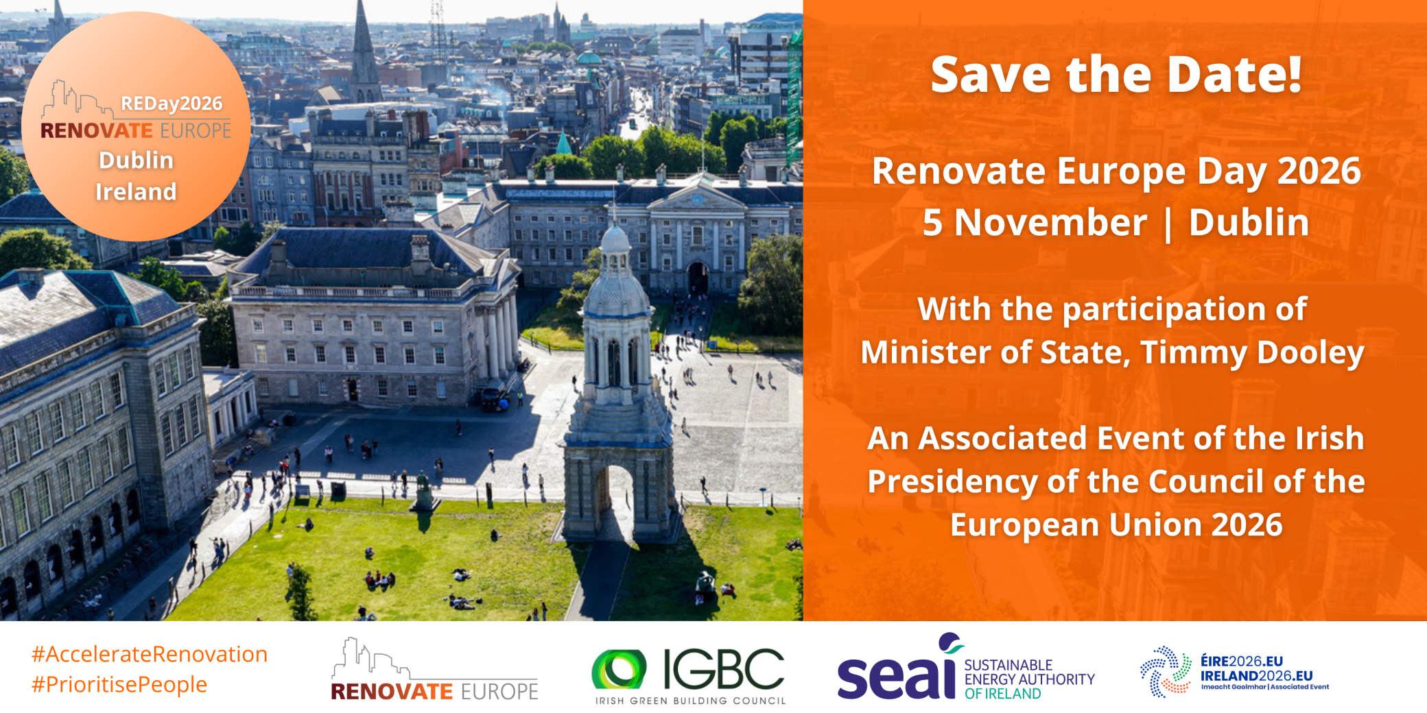 Save the date: Renovate Europe Day 2026, 5 November, Dublin, with the participation of Minister of State Timmy Dooley. An Associated Event of the Irish Presidency of the Council of the European Union 2026